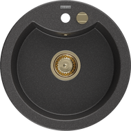 Mexen Diego žulový kuchynský drez, 1-komorový, 488 x 480 mm, čierny škvrnitý, zlatý sifón - 6512481000-76-G