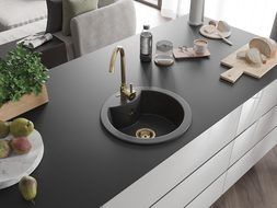 Mexen Diego žulový kuchynský drez, 1-komorový, 488 x 480 mm, čierny škvrnitý, zlatý sifón - 6512481000-76-G