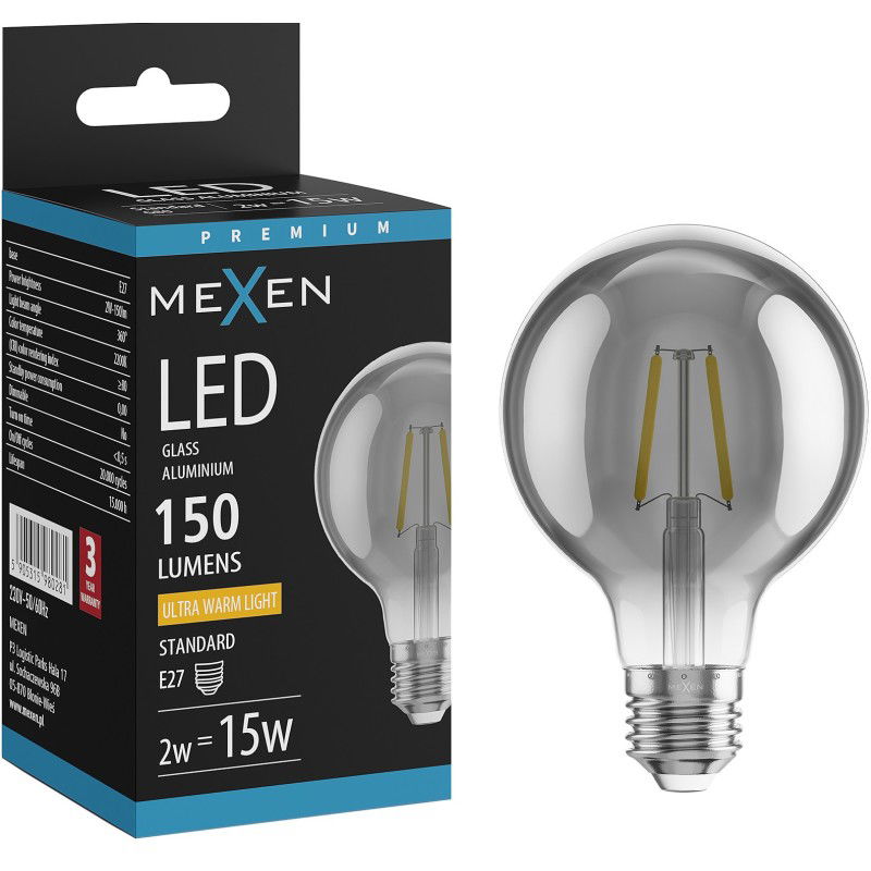 Mexen Vintis LED žiarovka s vláknom E27, G80, 2W, Teplá - 2200K, 150 lm, dymová - L155-E27-0222-70