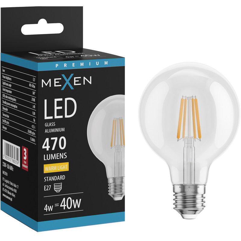 Mexen Vintis LED filamentová žiarovka E27, G80, 4W, Teplá - 2700K, 470 lm, číra - L155-E27-0427-00