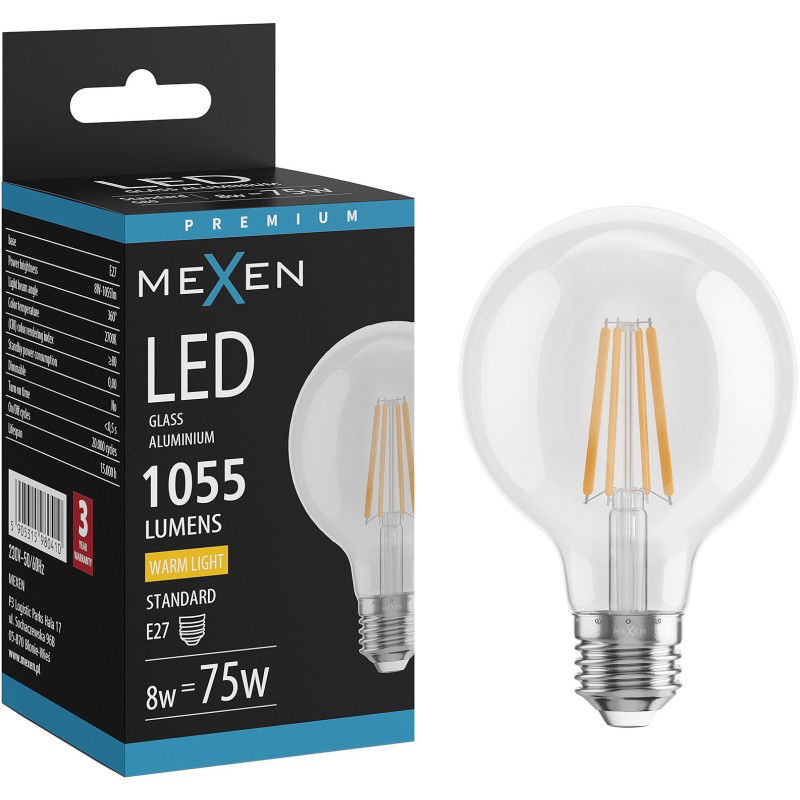 Mexen Vintis LED vlákno žiarovka E27, G80, 8W, Teplá - 2700K, 1055 lm, číra - L155-E27-0827-00