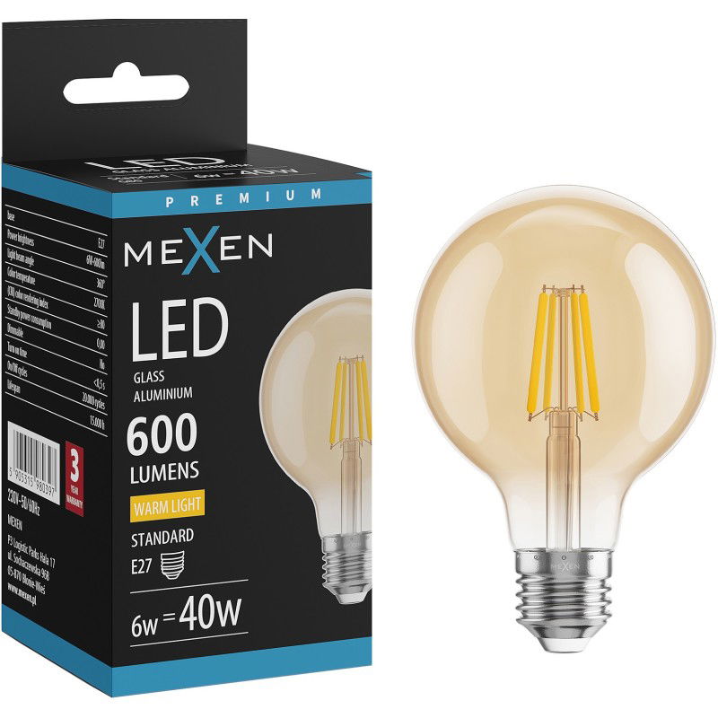 Mexen Vintis LED vlákno žiarovka E27, G80, 8W, Teplá - 2700K, 750 lm, jantárová - L155-E27-0827-50