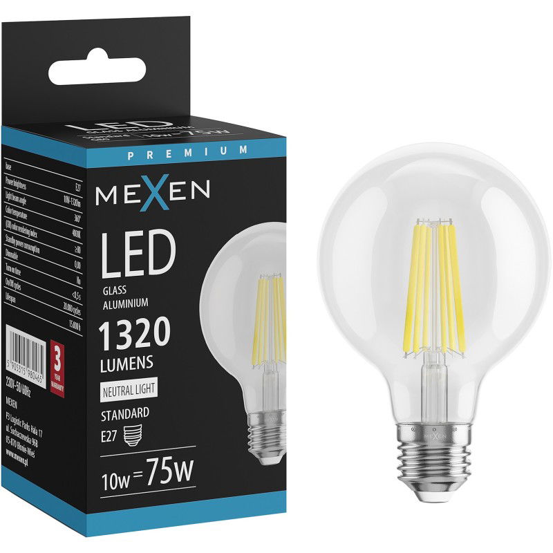 Mexen Vintis LED filamentová žiarovka E27, G80, 10W, Neutrálna - 4000K, 1320 lm, číra - L155-E27-1040-00