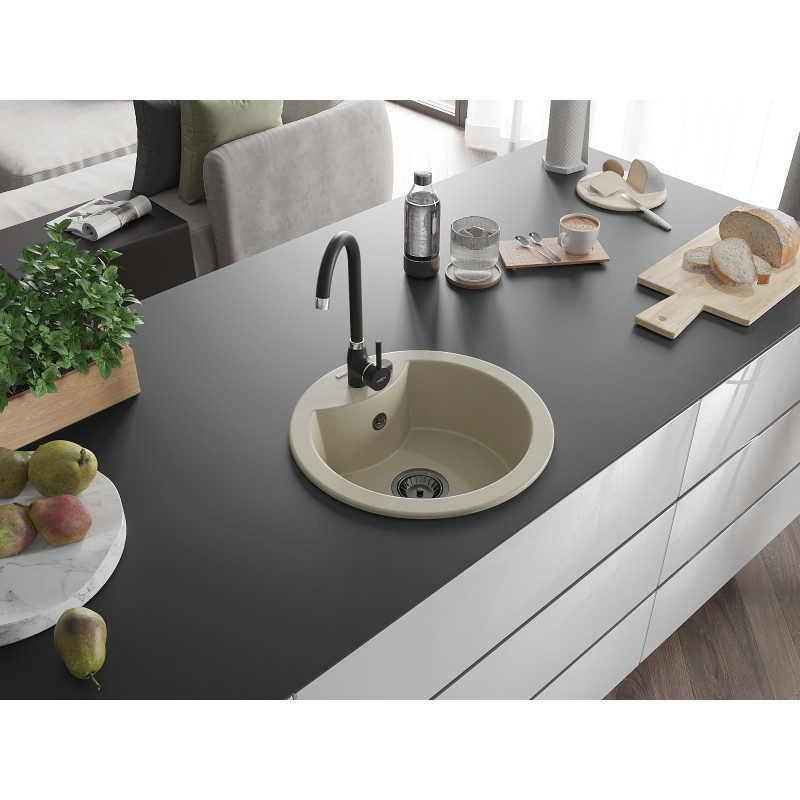 Mexen Diego granitový drez 1-komorový 488 x 480 mm, béžový, čierny sifón - 6512481000-69-B