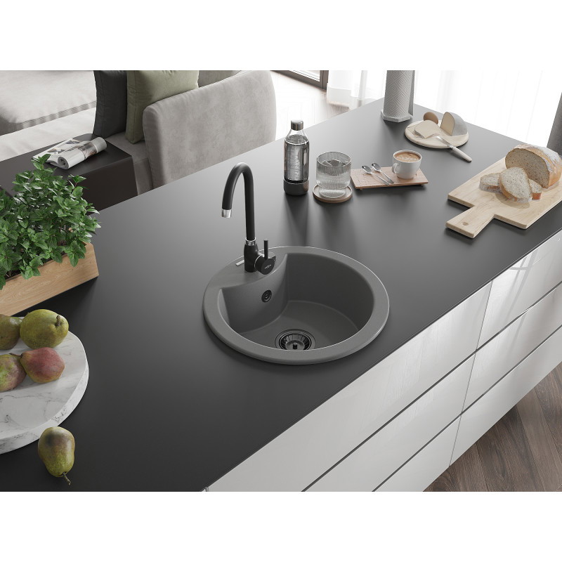 Mexen Diego granitový drez 1-komorový 488 x 480 mm, sivý, sifón čierny - 6512481000-71-B