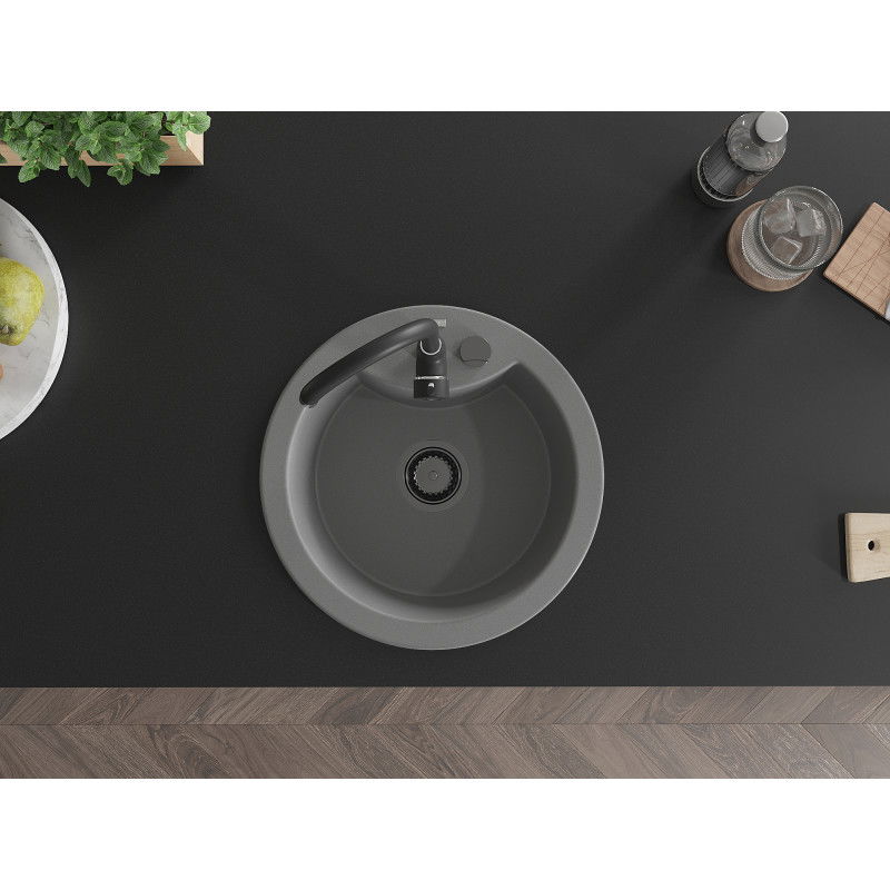 Mexen Diego granitový drez 1-komorový 488 x 480 mm, sivý, čierny sifón - 6512481000-71-B