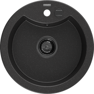 Mexen Diego žulový kuchynský drez s jednou komorou 488 x 480 mm, čierny/strieborný metalický, čierny sifón - 6512481000-73-B