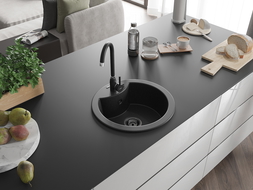 Mexen Diego žulový kuchynský drez s jednou komorou 488 x 480 mm, čierny/strieborný metalický, čierny sifón - 6512481000-73-B