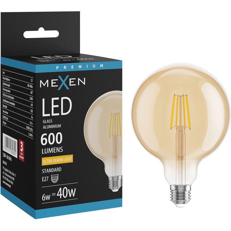 Mexen Vintis LED žiarovka filament E27, G125, 6W, Teplá - 2200K, 600 lm, jantárová - L158-E27-0622-50