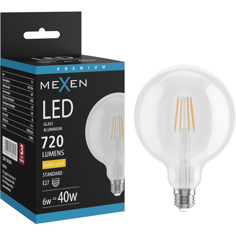 Mexen Vintis LED vláknová žiarovka E27, G125, 6W, Teplá - 2700K, 720 lm, číra - L158-E27-0627-00