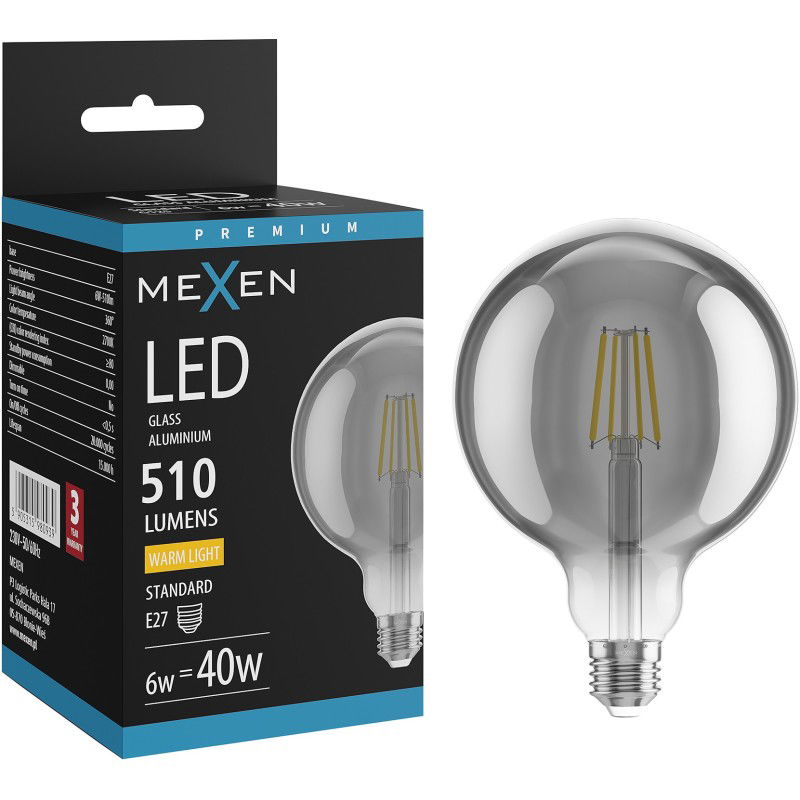 Mexen Vintis LED žiarovka s vláknom E27, G125, 6W, Teplá - 2700K, 510 lm, dymová - L158-E27-0627-70