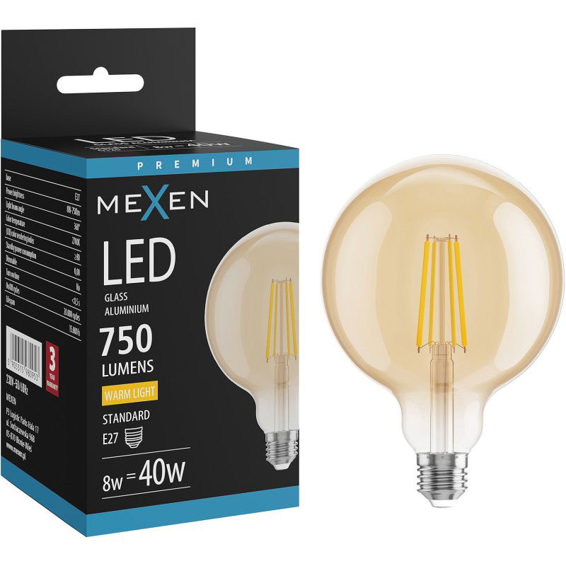 Mexen Vintis LED žiarovka s vláknom E27, G125, 8W, Teplá - 2700K, 750 lm, jantárová - L158-E27-0827-50