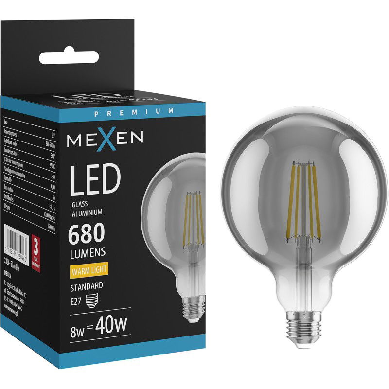 Mexen Vintis LED vlákno žiarovka E27, G125, 8W, Teplá - 2700K, 680 lm, dymová - L158-E27-0827-70
