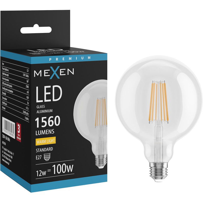 Mexen Vintis LED filamentová žiarovka E27, G125, 12W, Teplá - 2700K, 1560 lm, číra - L158-E27-1227-00