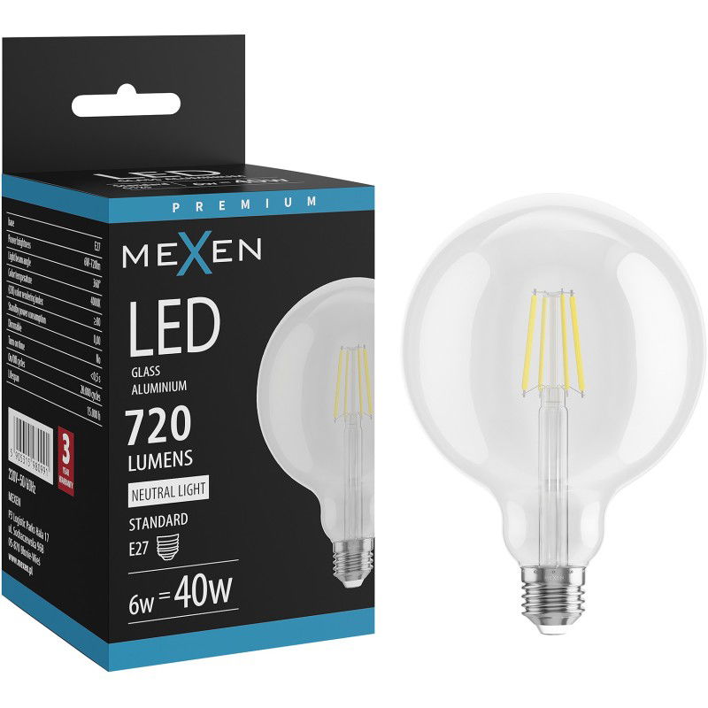 Mexen Vintis LED žiarovka s filamentom E27, G125, 6W, Neutrálna - 4000K, 720 lm, číra - L158-E27-0640-00