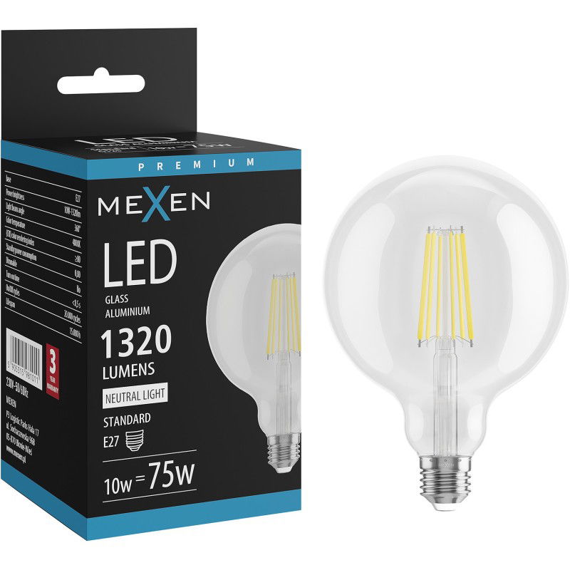 Mexen Vintis LED vláknová žiarovka E27, G125, 10W, Neutrálna - 4000K, 1320 lm, číra - L158-E27-1040-00