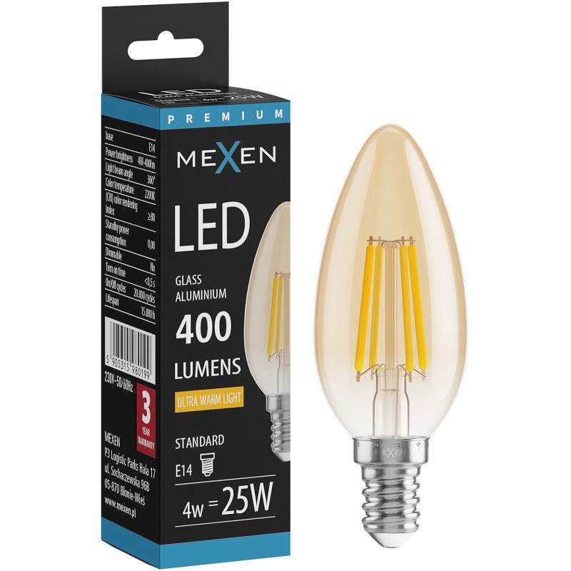 Mexen Vintis Žiarovka filament LED E14, C35, 4W, Teplá - 2200K, 400 lm, amber - L154-E14-0422-50