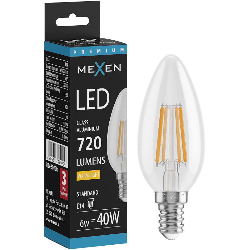 Mexen Vintis Žiarovka filament LED E14, C35, 6W, Teplá - 2700K, 720 lm, číra - L154-E14-0627-00