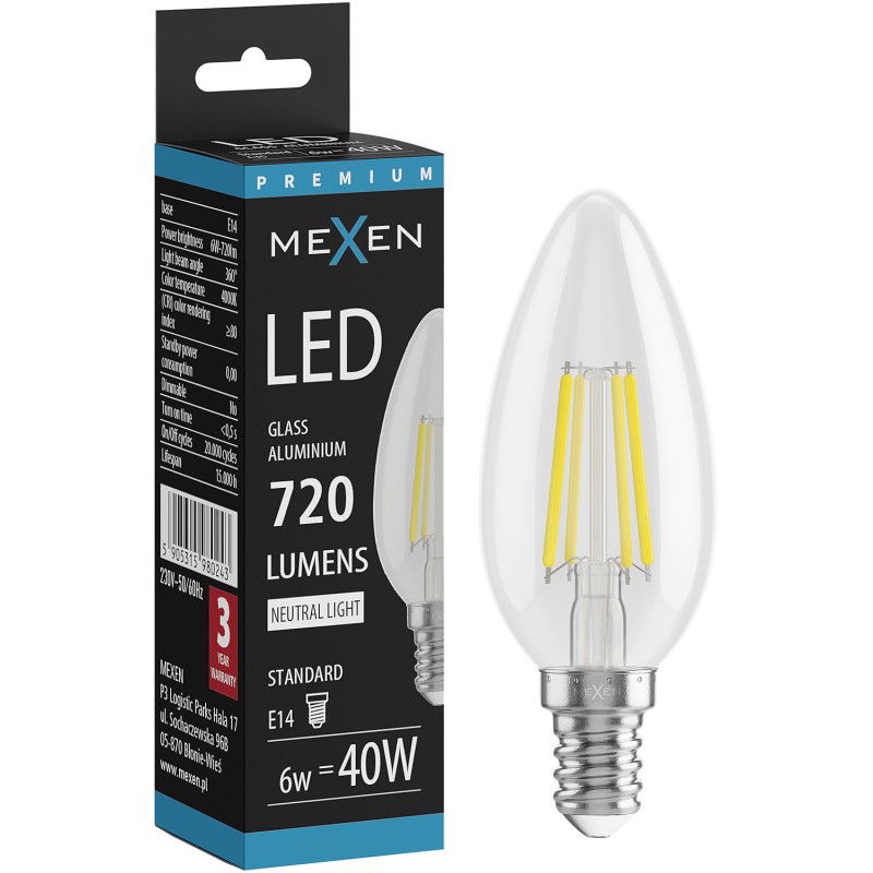 Mexen Vintis LED žiarovka vlákno E14, C35, 6W, Neutrálna - 4000K, 720 lm, číra - L154-E14-0640-00
