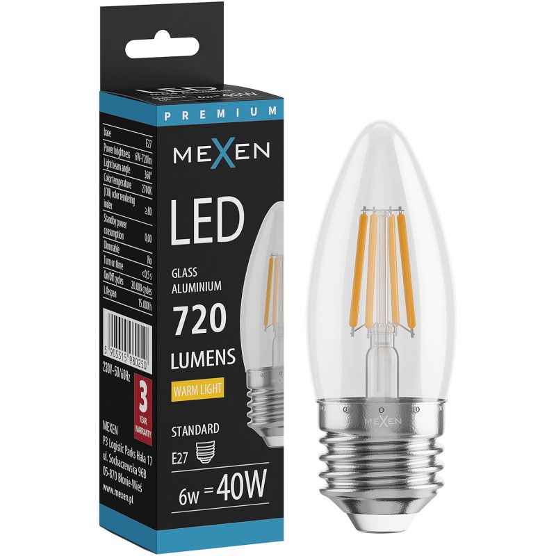 Mexen Vintis LED žiarovka filament E27, C35, 6W, Teplá - 2700K, 720 lm, číra - L154-E27-0627-00