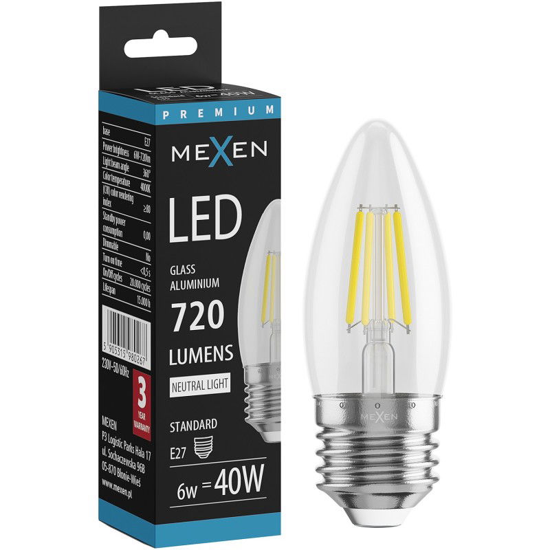 Mexen Vintis LED filamentová žiarovka E27, C35, 6W, Neutrálna - 4000K, 720 lm, číra - L154-E27-0640-00