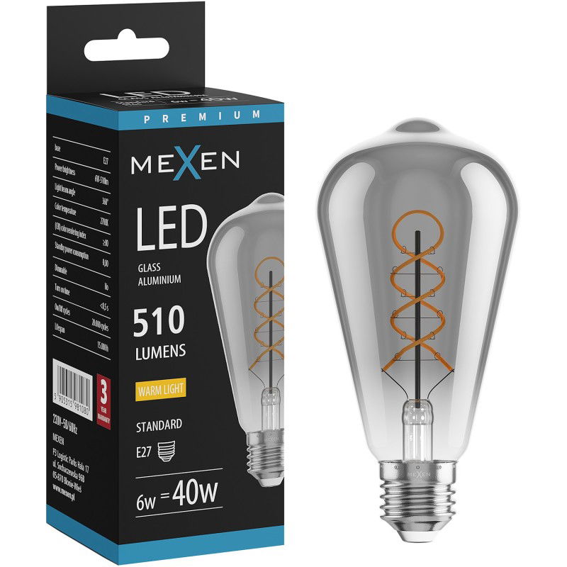Mexen Vintis Žiarovka filament špirála LED E27, ST64, 6W, Teplá - 2700K, 510 lm, smoke - L162-E27-0627-70