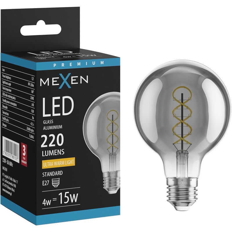 Mexen Vintis Žiarovka filament špirála LED E27, G80, 4W, Teplá - 2200K, 220 lm, smoke - L165-E27-0422-70