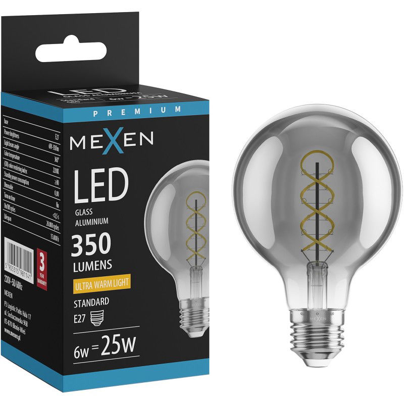 Mexen Vintis LED žiarovka s vláknom špirála E27, G80, 6W, Teplá - 2200K, 350 lm, dymová - L165-E27-0622-70