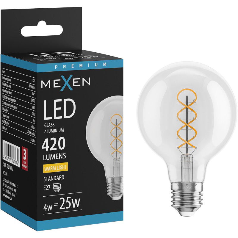 Mexen Vintis LED filamentová špirálová žiarovka E27, G80, 4W, Teplá - 2700K, 420 lm, číra - L165-E27-0427-00