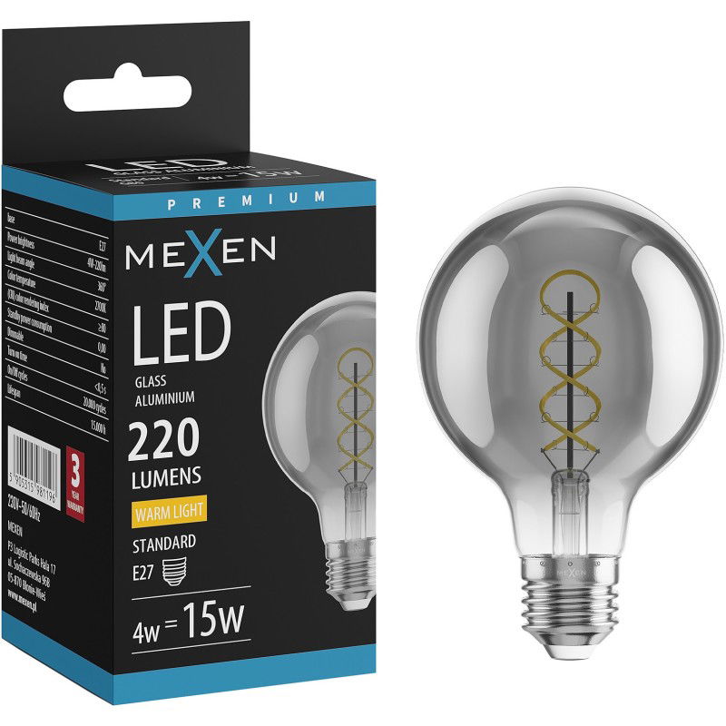 Mexen Vintis LED žiarovka s vláknom, špirálová, E27, G80, 4W, Teplá - 2700K, 220 lm, dymová - L165-E27-0427-70