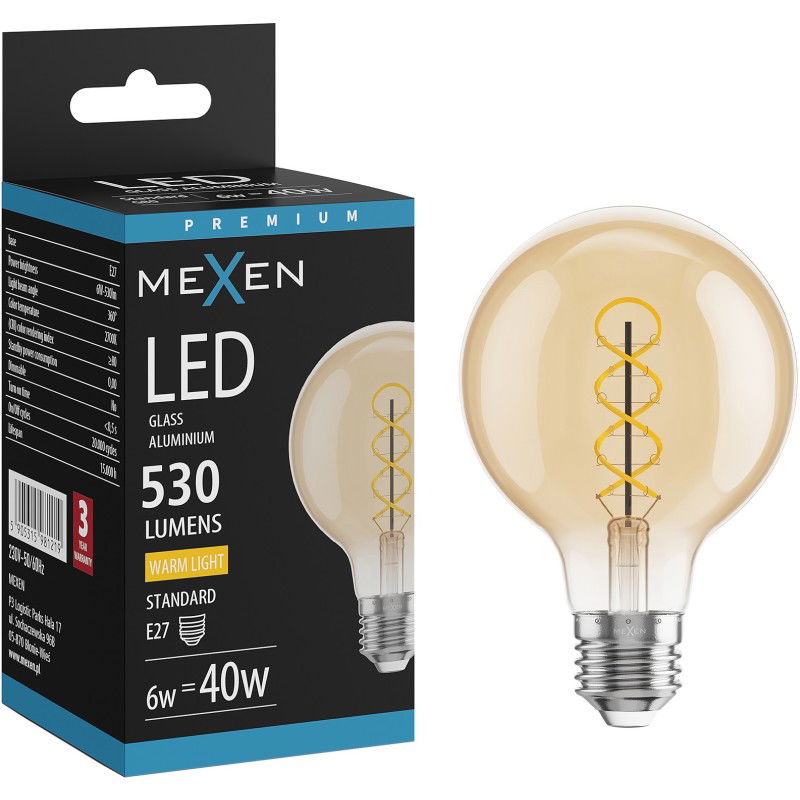 Mexen Vintis Žiarovka filament špirála LED E27, G80, 6W, Teplá - 2700K, 530 lm, jantárová - L165-E27-0627-50