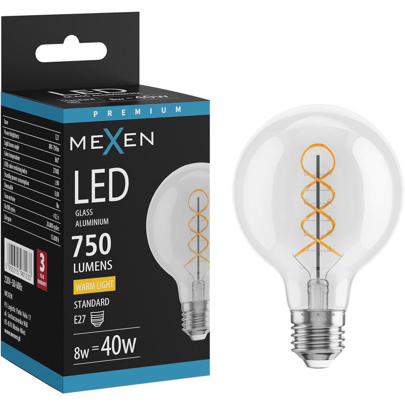 Mexen Vintis Žiarovka filament špirála LED E27, G80, 8W, Teplá - 2700K, 750 lm, číra - L165-E27-0827-00