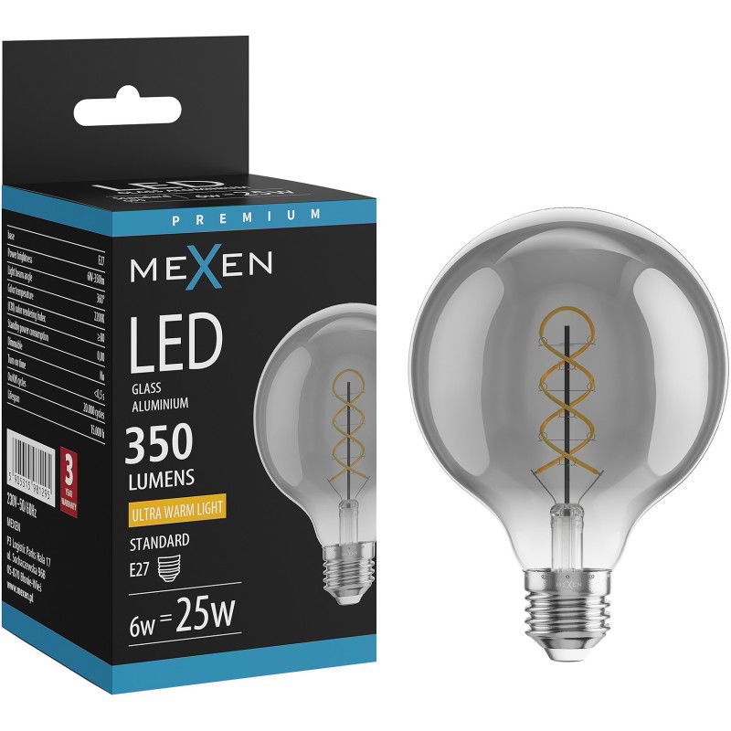 Mexen Vintis Žiarovka filament špirála LED E27, G95, 6W, Teplá - 2200K, 350 lm, dymová - L167-E27-0622-70