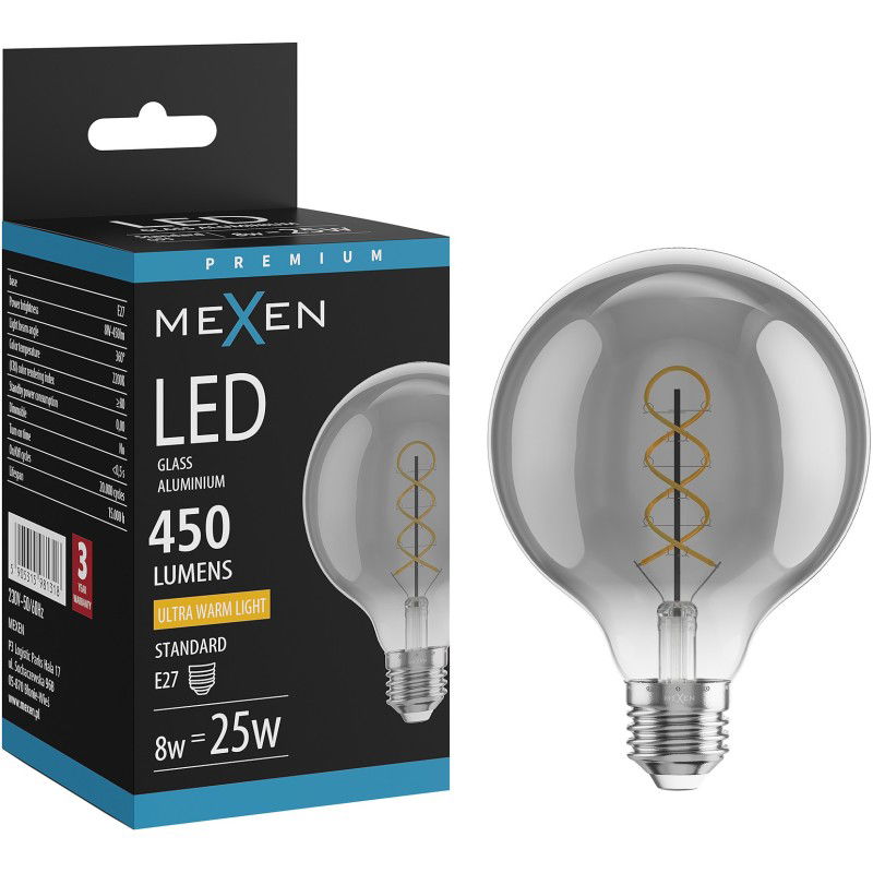 Mexen Vintis Žiarovka filament špirála LED E27, G95, 8W, Teplá - 2200K, 450 lm, smoke - L167-E27-0822-70