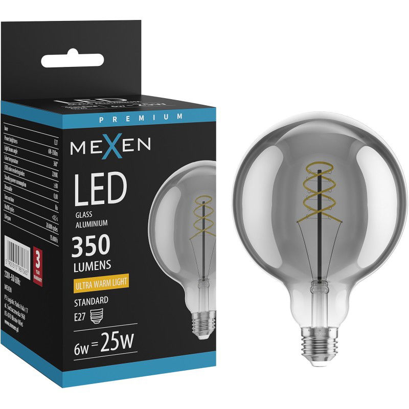 Mexen Vintis Žiarovka filament špirála LED E27, G125, 6W, Teplá - 2200K, 350 lm, smoke - L168-E27-0622-70
