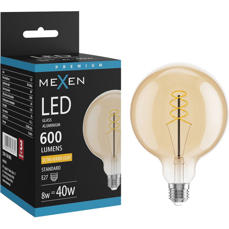 Mexen Vintis LED filament špirálová žiarovka E27, G125, 8W, Teplá - 2200K, 600 lm, jantárová - L168-E27-0822-50