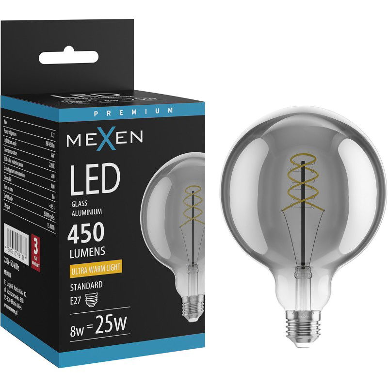 Mexen Vintis Žiarovka filament špirála LED E27, G125, 8W, Teplá - 2200K, 450 lm, dymová - L168-E27-0822-70