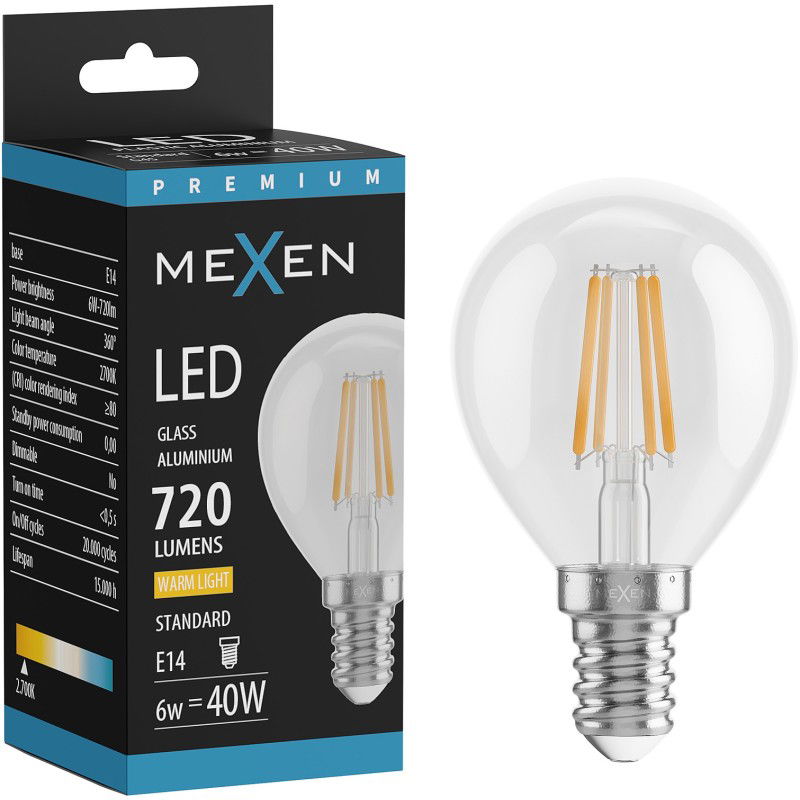 Mexen Vintis LED filamentová žiarovka E14, G45, 6W, Teplá - 2700K, 720 lm, číra - L156-E14-0627-00