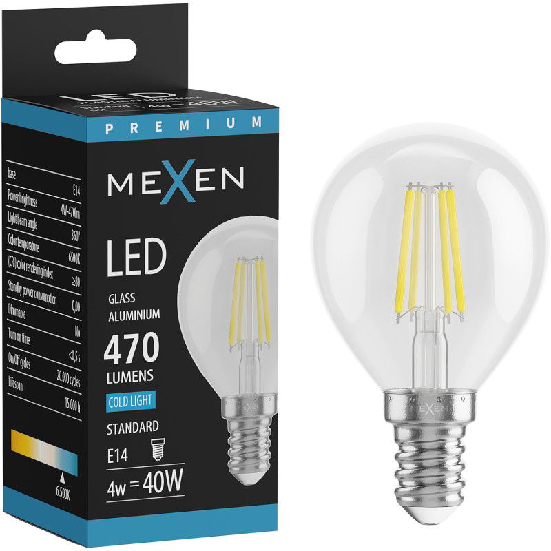 Mexen Vintis LED žiarovka filament E14, G45, 4W, Studená - 6500K, 470 lm, číra - L156-E14-0465-00