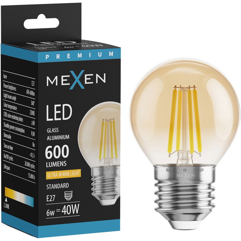 Mexen Vintis LED vláknová žiarovka E27, G45, 6W, Teplá - 2200K, 600 lm, jantárová - L156-E27-0622-50