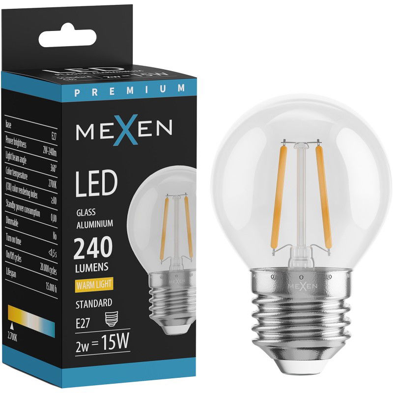 Mexen Vintis LED žiarovka vlákna E27, G45, 2W, Teplá - 2700K, 240 lm, číra - L156-E14-0227-00 - L156-E27-0227-00