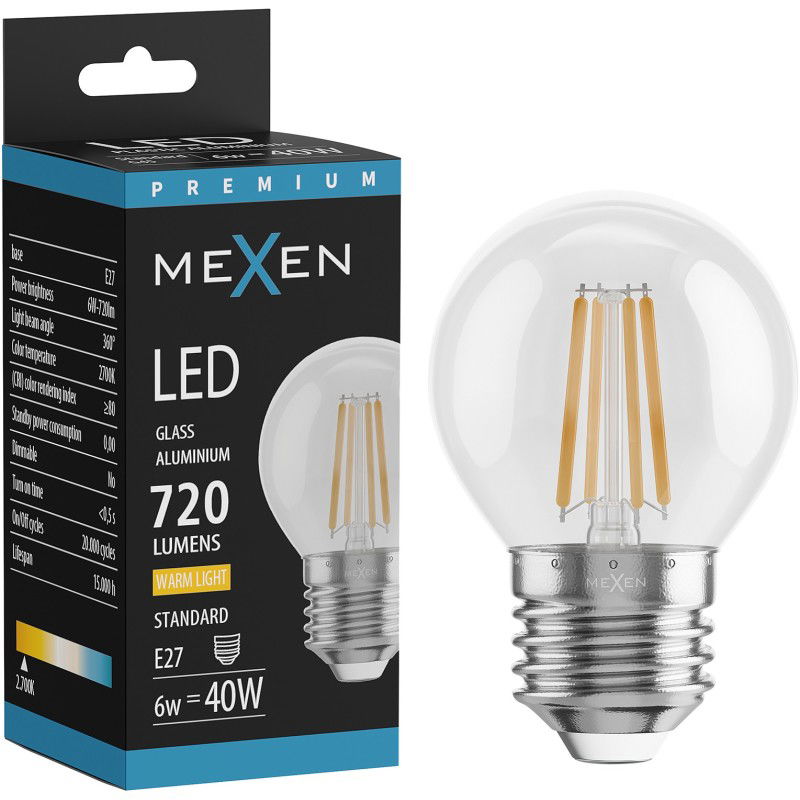 Mexen Vintis LED žiarovka filament E27, G45, 6W, Teplá - 2700K, 720 lm, číra - L156-E27-0627-00