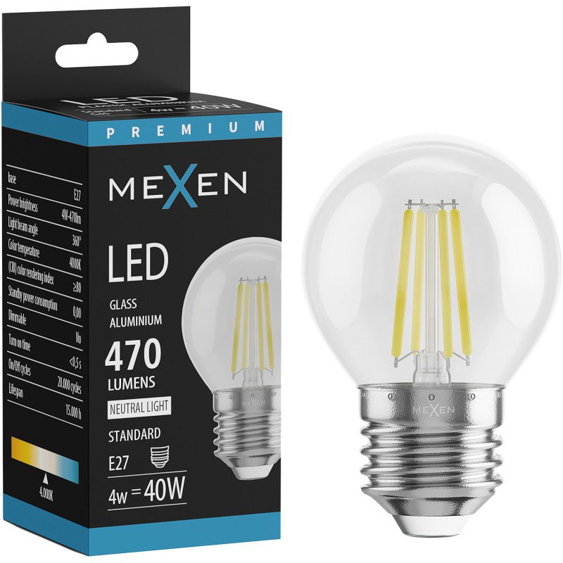 Mexen Vintis LED filamentová žiarovka E27, G45, 4W, Neutrálna - 4000K, 470 lm, číra - L156-E27-0427-00 - L156-E27-0440-00