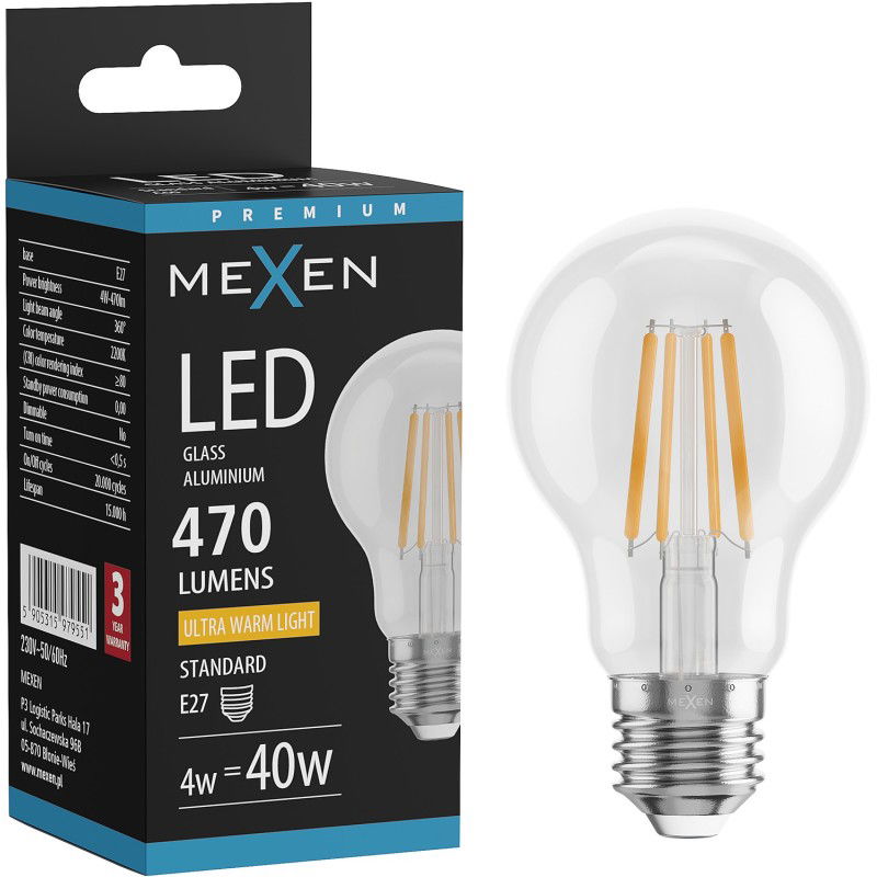 Mexen Vintis LED žiarovka s vláknom E27, A60, 4W, Teplá - 2200K, 470 lm, číra - L150-E27-0422-00