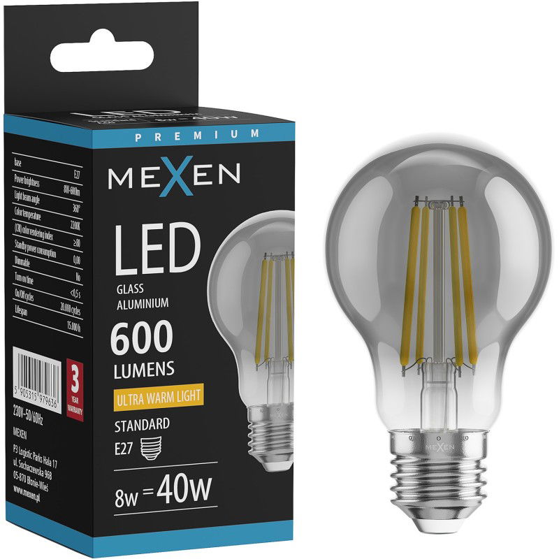 Mexen Vintis LED filamentová žiarovka E27, A60, 8W, Teplá - 2200K, 600 lm, dymová - L150-E27-0822-70