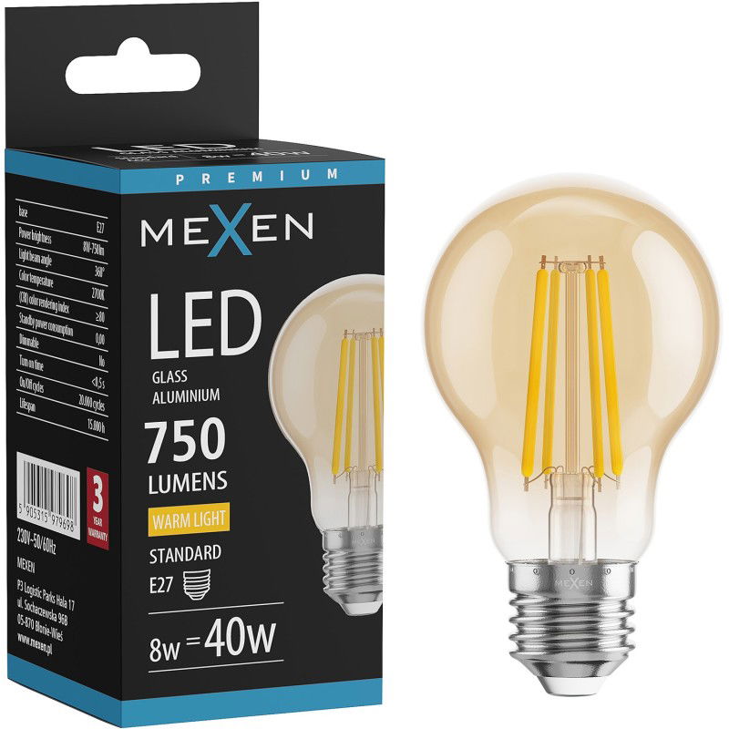 Mexen Vintis LED filamentová žiarovka E27, A60, 8W, Teplá - 2700K, 750 lm, jantárová - L150-E27-0822-50 - L150-E27-0827-50