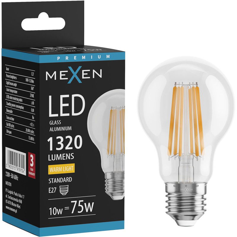 Mexen Vintis LED žiarovka s vláknom E27, A60, 10W, Teplá - 2700K, 1320 lm, číra - L150-E27-1027-00