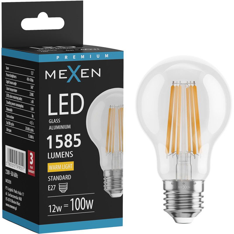 Mexen Vintis LED žiarovka filament E27, A60, 12W, Teplá - 2700K, 1585 lm, číra - L150-E27-1227-00