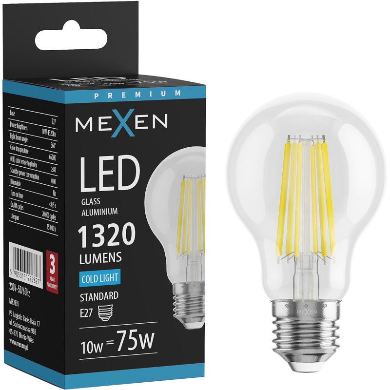 Mexen Vintis LED filamentová žiarovka E27, A60, 10W, Studená - 6500K, 1320 lm, číra - L150-E27-1065-00