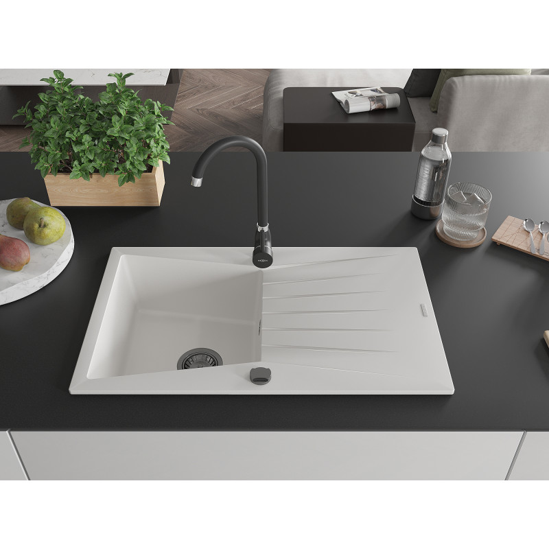 Mexen Cesar granitový drez s 1 komorou a odkvapkávacou plochou 775 x 470 mm, biely, čierny sifón - 6514771010-20-B
